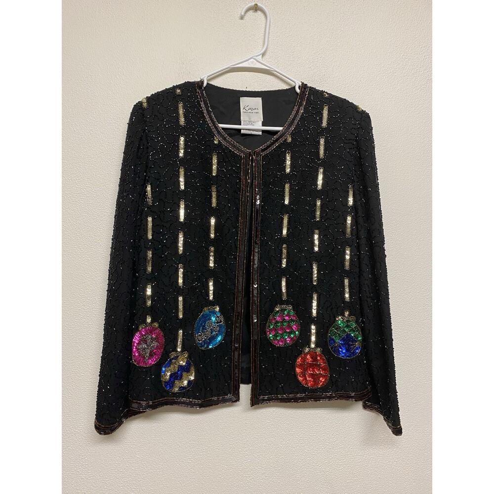 Vintage Lawrence Kazer Evening Bead Sequin Silk Jacket Women's L Christmas